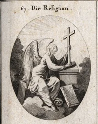 Allegorie der Religion. Ein weißer Schleier bedeckt ihren Kopf, um anzuzeigen, dass Geheimnisse undurchdringlich sind. Sie sitzt auf einem Eckstein und hält ein strahlendes Kreuz auf einem Altar, an dessen Fuß das Buch der 4 Evangelien liegt. Ihr Fuß auf d