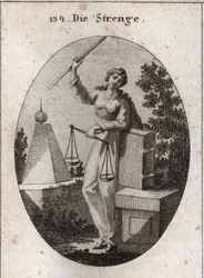 Allegorie der Strenge, dargestellt unter einem Aspekt der Wildheit, die mit der rechten Hand eine Eisenstange hält und sich mit der linken auf das Gesetzbuch stützt. In derselben Hand hält sie eine Waage, von der eine Seite die andere überwiegt. Gravur in 