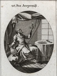 Allegorie des Skandals. Er hält in einer Hand eine Flasche und in der anderen ein Porträt einer jungen Frau und steht in der Nähe eines Tisches, auf dem Spielkarten und Spiele liegen. Gravur in „Iconologie oder Ideen aus dem Gebiete der Leidenschaften und 