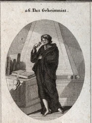 Allegorie des Geheimnisses, schwarz verhüllt, um die ihm anvertrauten Geheimnisse in Vergessenheit zu begraben. Vor seinem Mund trägt er eine Binde, die er zusätzlich mit einem Siegel verschließt. Stich in „Iconologie oder Ideen aus dem Gebiete der