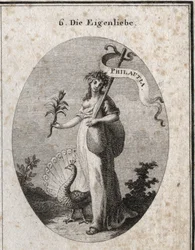 Allegorie der Selbstliebe, dargestellt als junge Frau, die mit einem Stab einen Beutel verschließt, der ihre Fehler symbolisiert und auf dem die griechische Übersetzung „Philautia“ eingraviert ist. Attribute: der ein Rad schlagende Pfau und die