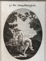 Allegorie der Dummheit. Sie lehnt sich an ein Schaf, ein von Natur aus dummes Tier. Gravur in „Iconologie oder Ideen aus dem Gebiete der Leidenschaften und Allegorien bildlich dargestellt für Zeichner, Maler, Dichter, Gelehrte, Erzieher und Freunde Höherer