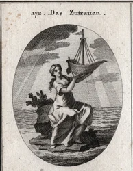 Allegorie des Vertrauens, dargestellt durch eine Frau, die auf einem Platz inmitten des Meeres sitzt und in ihrer Hand ein Schiff hält, das sie hochhebt. Gravur in „Iconologie oder Ideen aus dem Gebiete der Leidenschaften und Allegorien bildlich dargestell
