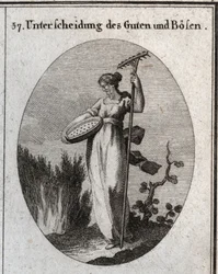 Allegorie der Unterscheidung zwischen Gut und Böse. Das Sieb trennt das gute Korn von der Spreu und der Rechen wird verwendet, um Unkraut zu entfernen. Gravur in „Iconologie oder Ideen aus dem Gebiete der Leidenschaften und Allegorien bildlich dargestellt 