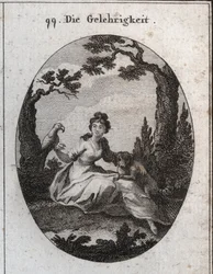 Allegorie der Fügsamkeit. Ihre Attribute sind der Sittich und der kleine Hund wegen ihrer Gehorsamkeit und ihres Wunsches zu gefallen. Gravur in "Iconologie oder Ideen aus dem Gebiete der Leidenschaften und Allegorien bildlich dargestellt für Zeichner, Mal