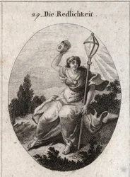 Allegorie der Loyalität (oder Aufrichtigkeit), die eine Maske wirft, das Attribut der Täuschung und Lüge. Ihr Emblem ist eine Kristalllaterne, Symbol des Blitzes. Ein Herz ist auf ihrer Brust gezeichnet. Gravur in „Iconologie oder Ideen aus dem Gebiete der