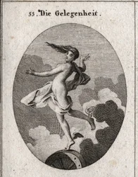 Allegorie der Gelegenheit. Mit Flügeln an den Füßen und nach vorne gerichtetem Haar ruht sie leicht auf einem Rad. Gravur in „Iconologie oder Ideen aus dem Gebiete der Leidenschaften und Allegorien bildlich dargestellt für Zeichner, Maler, Dichter, Gelehrt