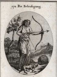 Allegorie des Vergehens, das dabei ist, einen Pfeil zu entschlüsseln und dessen Kleidung mit Zungen und Messern gefüllt ist. Angriff durch Hunde auf den Igel, der seine Pfeile wirft, bedeutet den Zwang, das Vergehen durch Vergehen zu erwidern. Gravur in „I