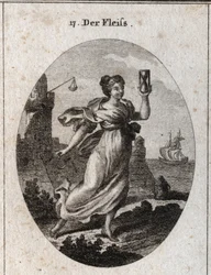 Allegorie der Fleißigkeit, die schnell geht. Ihre Attribute sind die Sanduhr und der Sporn, Symbol der Aktivität und Genauigkeit. Gravur in „Iconologie oder Ideen aus dem Gebiete der Leidenschaften und Allegorien bildlich dargestellt für Zeichner, Maler, D