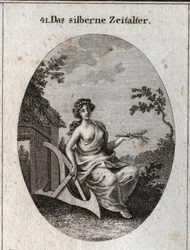 Allegorie des Silberzeitalters mit einem Griff aus Ähren, um das Land zu bebauen, und Holz, um Hütten zu bauen. Gravur in „Iconologie oder Ideen aus dem Gebiete der Leidenschaften und Allegorien bildlich dargestellt für Zeichner, Maler, Dichter, Gelehrte, 