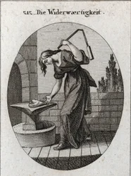Allegorie der Trübsal. Sie hält ein Herz auf einem Amboss und schlägt es mit einer kleinen Blume, um zu zeigen, dass Trübsal alles Grobe und Unreine wegnimmt. Gravur in „Iconologie oder Ideen aus dem Gebiete der Leidenschaften und Allegorien bildlich darge