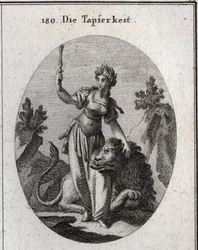 Allegorie des Wertes, gekrönt mit Lorbeer, sie streichelt einen von ihr gezähmten Löwen. Das hohe Zepter bedeutet, dass ihr Mut sie würdig macht zu befehlen. Gravur in „Iconologie oder Ideen aus dem Gebiete der Leidenschaften und Allegorien bildlich darges