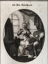 Allegorie der Eitelkeit. Sie möchte gefallen und beachtet werden, daher wird sie vor ihrem Toilettentisch dargestellt, wie sie sich vor dem Spiegel schmeichelt und ein Herz in der Hand hält. Gravur in „Iconologie oder Ideen aus dem Gebiete der Leidenschaft