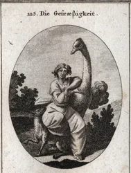 Allegorie der Gefräßigkeit. Der Strauß ist das Attribut der Gier, wir fügen einen mageren und hungrigen Wolf für eine größere Gefräßigkeit hinzu. Gravur in „Iconologie oder Ideen aus dem Gebiete der Leidenschaften und Allegorien bildlich dargestellt für Ze
