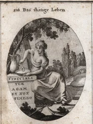 Allegorie des Arbeitslebens, die im Schatten eines Weinstocks sitzt. Sie wird dargestellt, wie sie sich darauf vorbereitet, in einem Teich zu essen und mit ihrem Fuß ein Kind zu wiegen. Pfluginstrumente sind neben ihr platziert. Gravur in „Iconologie oder 