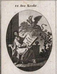 Allegorie des Kredits, die ein Buch mit der Inschrift „Solutus omni foenore“ (Frei von allen Schulden) hält. Im Hintergrund ein Greif, Symbol der Bewahrung und Erhaltung der Schätze. Gravur in „Iconologie oder Ideen aus dem Gebiete der Leidenschaften und A