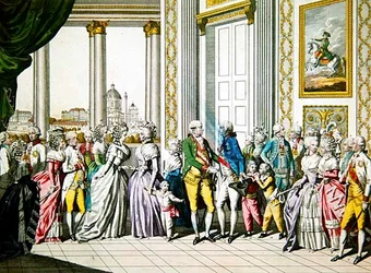 Kaiser Leopold II. und seine Familie begrüßen Ferdinand I., König von Neapel und Sizilien, und seine Familie in Wien