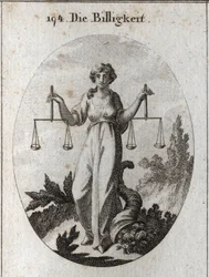 Allegorie der Gerechtigkeit, die zwei Waagen auf gleicher Höhe hält. Ihr Attribut ist das Füllhorn, um zu zeigen, dass sie mit Güte belohnt, nachdem sie gerecht gerichtet hat. Gravur in „Iconologie oder Ideen aus dem Gebiete der Leidenschaften und Allegori