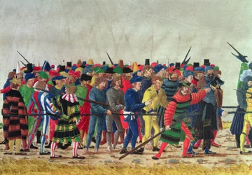 Hellebardiere von Maximilian I. (1459-1519) bewachen französische Gefangene