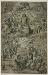 Streit über das Heilige Sakrament mit der Dreifaltigkeit, die am Himmel schwebt