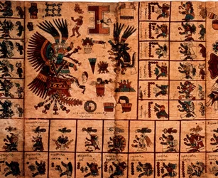 Darstellung aztekischer Gottheiten und Kästchen, die dem Kalender entsprechen. Seite des aztekischen Manuskripts auf Rindenpapier „Codex Borbonicus“, präkolumbianischer indigener Kodex aus Zentralmexiko, Ende des 15. Jahrhunderts. Bibliothek der Nationalve