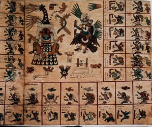 Darstellung aztekischer Gottheiten und Kästchen entsprechend dem Kalender. Seite des aztekischen Manuskripts auf Rindenpapier „Codex Borbonicus“, präkolumbianischer indigener Kodex aus Zentralmexiko, Ende des 15. Jahrhunderts. Bibliothek der Nationalversam