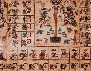 Darstellung aztekischer Gottheiten und Kästchen des Kalenders. Seite des aztekischen Manuskripts auf Rinde „Codex Borbonicus“, präkolumbianischer indigener Kodex aus Zentralmexiko, Ende des 15. Jahrhunderts. Bibliothek der Nationalversammlung (Palais Bourb
