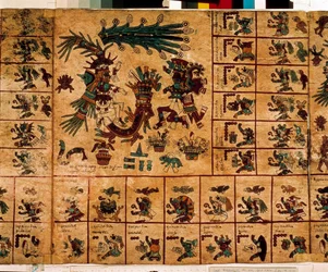 Darstellung aztekischer Gottheiten und Kästchen des Kalenders. Seite des aztekischen Manuskripts auf Rinde 