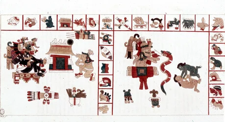 Der aztekische Gott Cihuacohuatl dargestellt in einem hieroglyphischen Manuskript, Piktogramme
