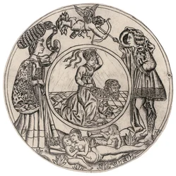 Aristoteles und Phyllis, umgeben von einem jungen Mann und einer jungen Frau mit Eros sowie einer liegenden nackten Frau mit zwei Kindern, zweite Hälfte des 15. Jahrhunderts