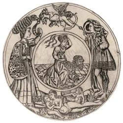Aristoteles und Phyllis, umgeben von einem jungen Mann und einer jungen Frau mit Eros sowie einer liegenden nackten Frau mit zwei Kindern, zweite Hälfte des 15. Jahrhunderts