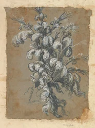 Entwurf für einen prächtigen Kopfschmuck mit Federn auf einem Helm, ca. 1620-56