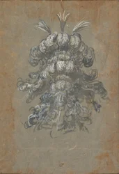 Entwurf für einen prächtigen Kopfschmuck mit Federn auf einem Helm, Frontalansicht, ca. 1620-1656