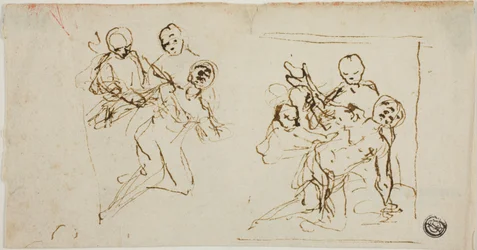 Zwei Kompositionsskizzen einer zusammenbrechenden Figur, gestützt von zwei anderen Figuren (recto); Kompositionsskizze einer knienden Figur, begleitet von zwei anderen Figuren
