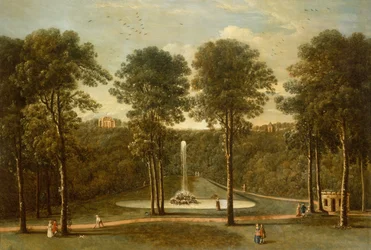 Blick auf den Fountain Pond in Hackfall mit dem Banqueting House im Hintergrund