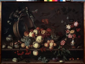 Stillleben mit Früchten, Blumen und Papageien