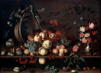 Stillleben mit Früchten, Blumen und Papageien, 1620er Jahre
