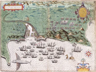 Ansichtsplan von Santiago, Kapverdische Inseln, zeigt Sir Francis Drakes Angriff auf das spanische Fort am 17. November 1585, ca. 1588-9