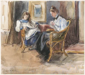 Handarbeitende Dame und lesendes Mädchen in Korbstühlen, im Haus an der Riouwstraat 6, Den Haag
