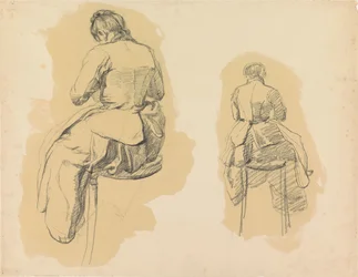 Zwei Studien einer Frau, auf einem Hocker sitzend, von hinten gesehen