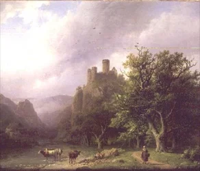Eine Flusslandschaft mit einer Ruine