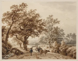 Eine Landschaft mit mächtigen Eichen, Vieh und Figuren