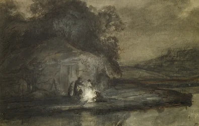 Nächtliche Landschaft mit einem Fluss und Hirten