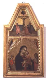 Madonna und Kind mit St. Johannes dem Täufer und St. Katharina, mit Kreuzigungsszene darüber