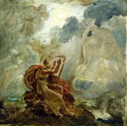 Ossian beschwört die Geister mit seiner Harfe am Ufer des Flusses Lora, ca. 1811