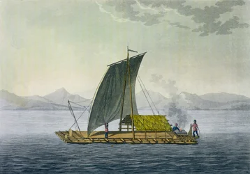 Ein Floß verlässt den Hafen von Guayaquil, Ecuador, aus „Le Costume Ancien et Moderne“, Band II, Tafel 9, von Jules Ferrario, gestochen von Paolo Fumagalli, veröffentlicht um die 1820er-30er Jahre