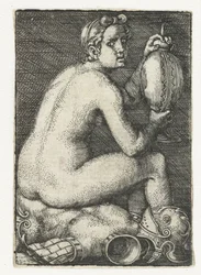 Nackte Frau, sitzend auf Rüstung