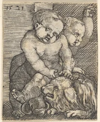 Zwei Jungen spielen mit einem Hund, Mitte des 16. Jahrhunderts