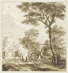 Landschaft mit Figuren und einem Pferd und Wagen