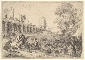 Korsika sitzt vor Satyrn am Ufer eines Flusses, aus einem Paar Platten für Battista Gu..., 1640